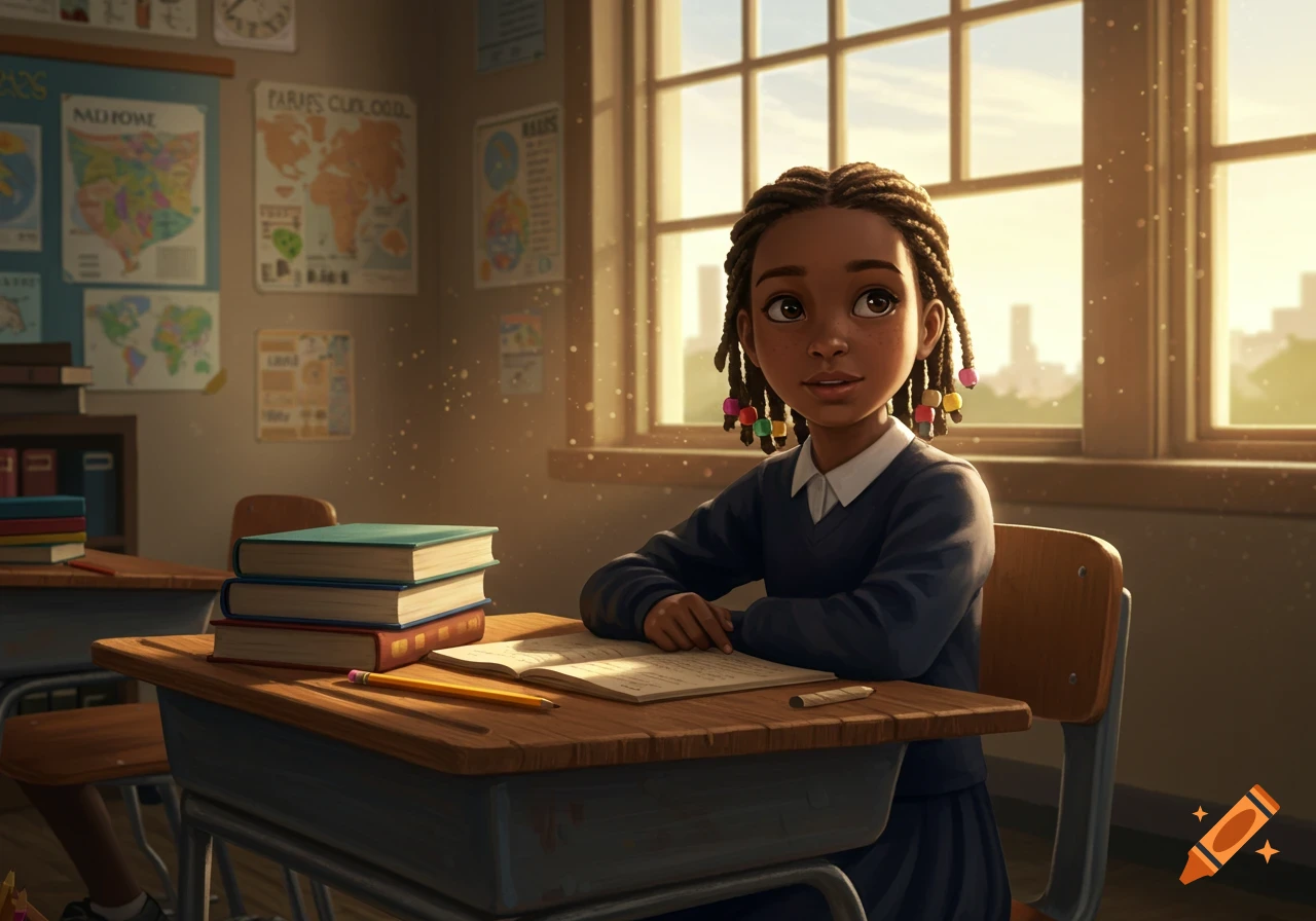 An animated African American girl with braided hair and colorful beads sits at a school desk with books and an open notebook, looking up thoughtfully in a sunlit classroom.