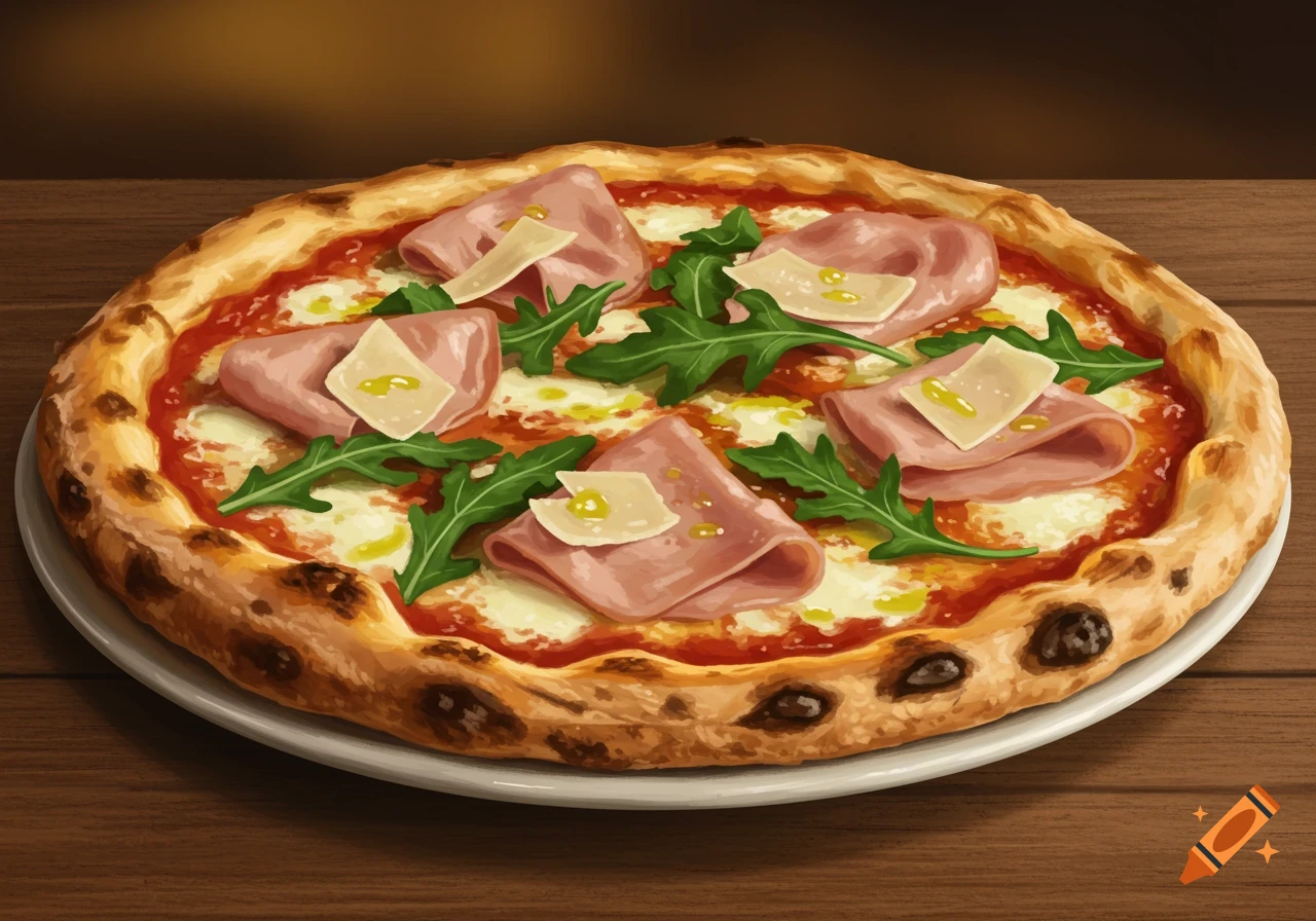A Neapolitan-style pizza topped with prosciutto, arugula, and shaved cheese, on a wooden table, in an illustrative style.