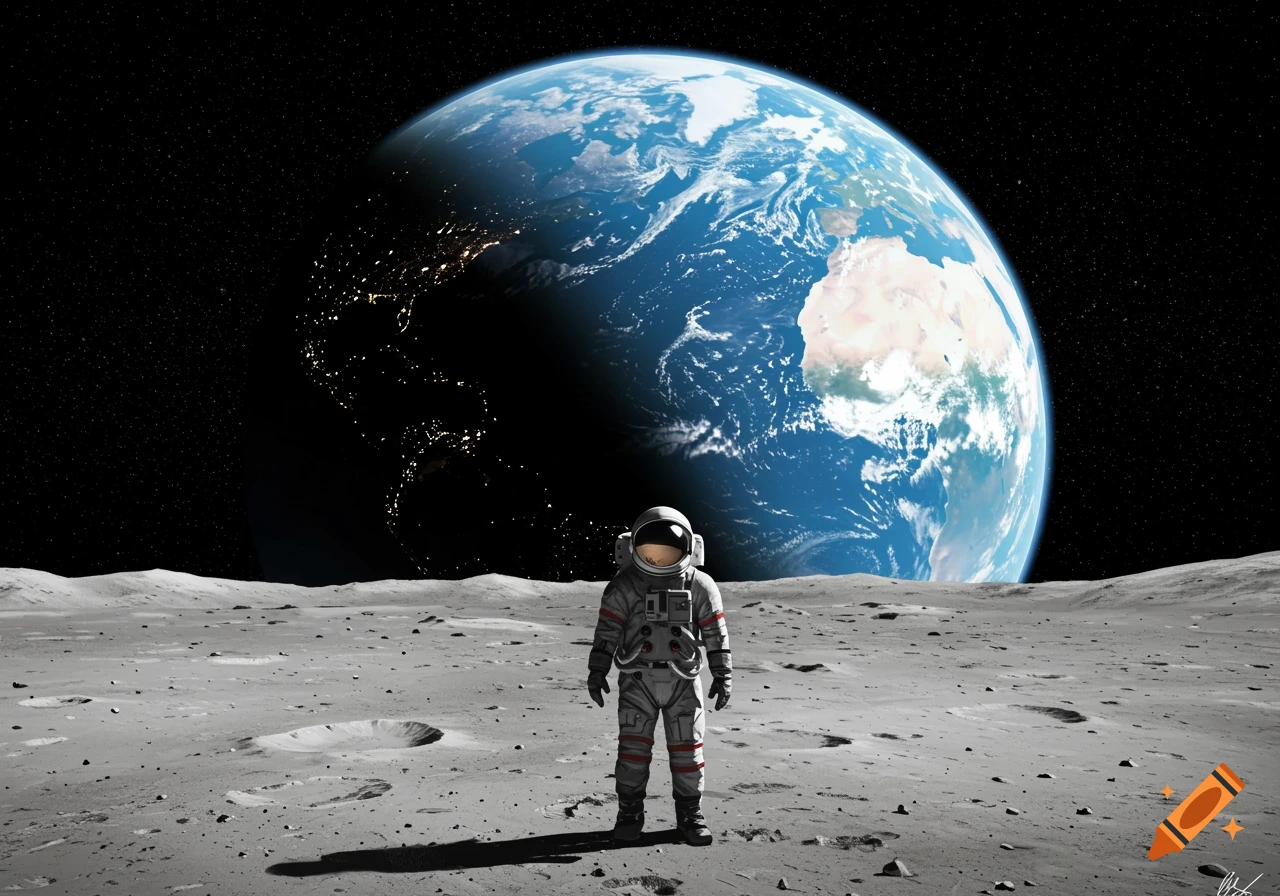 An astronaut stands on the moon's surface with planet Earth visible in the background against a starry sky.