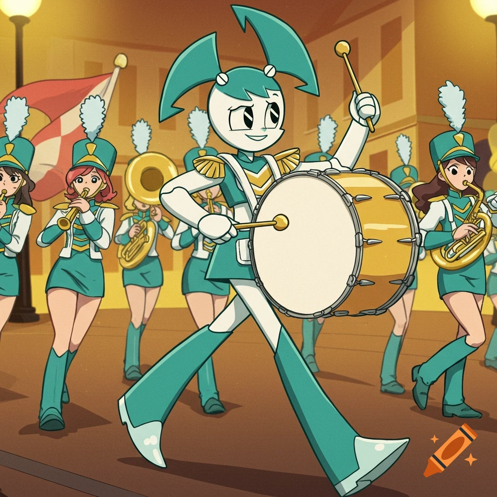 Jenny Wakeman in a cyan and gold drum majorette uniform plays a bass drum in an anime-style marching band.