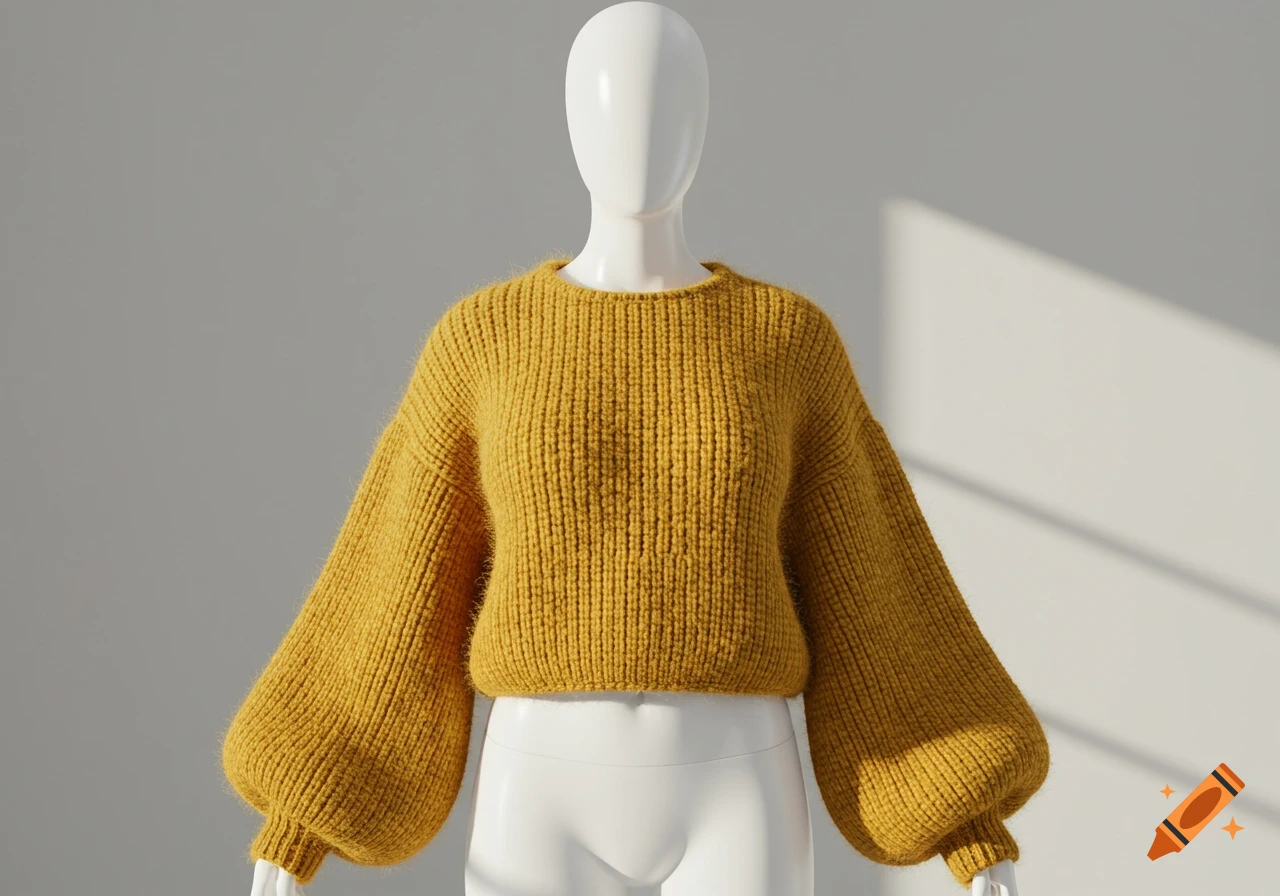 A mustard yellow knitted sweater with balloon sleeves on a white mannequin against a plain background with sunlight shadows.
