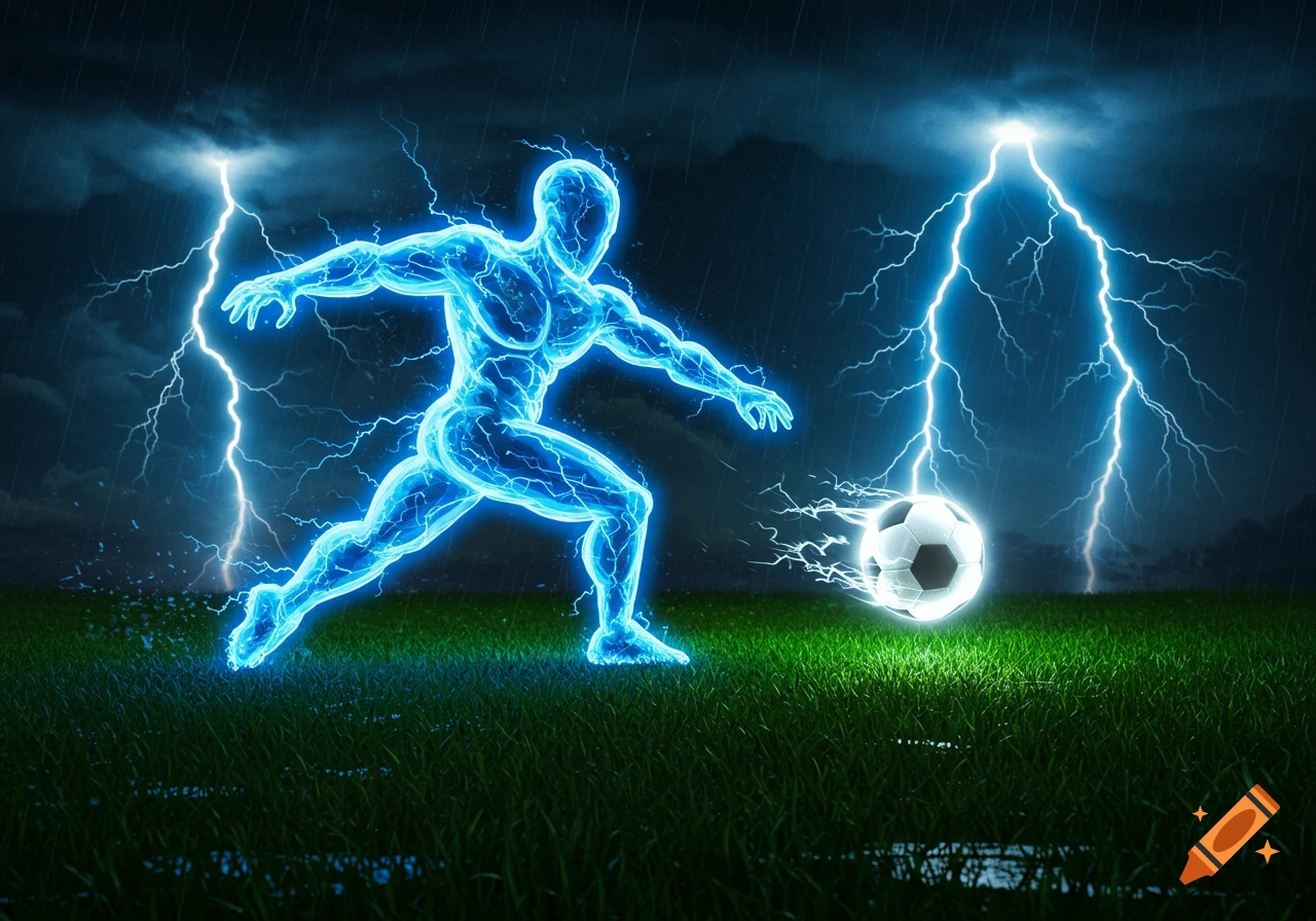 A glowing blue humanoid figure composed of lightning kicks a soccer ball on a dark, stormy field with bright lightning bolts striking in the background.