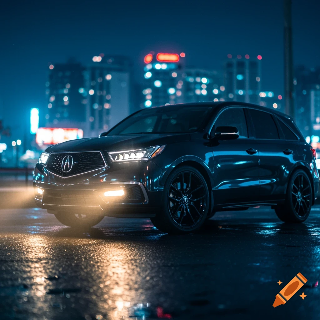 A black Acura SUV parked on a wet city street at night, illuminated by its headlights and reflections from blurred city lights in the background.