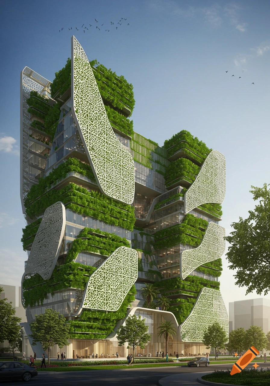 A tall, modern green building with ornate white lattice panels and abundant vegetation, in an urban setting.
