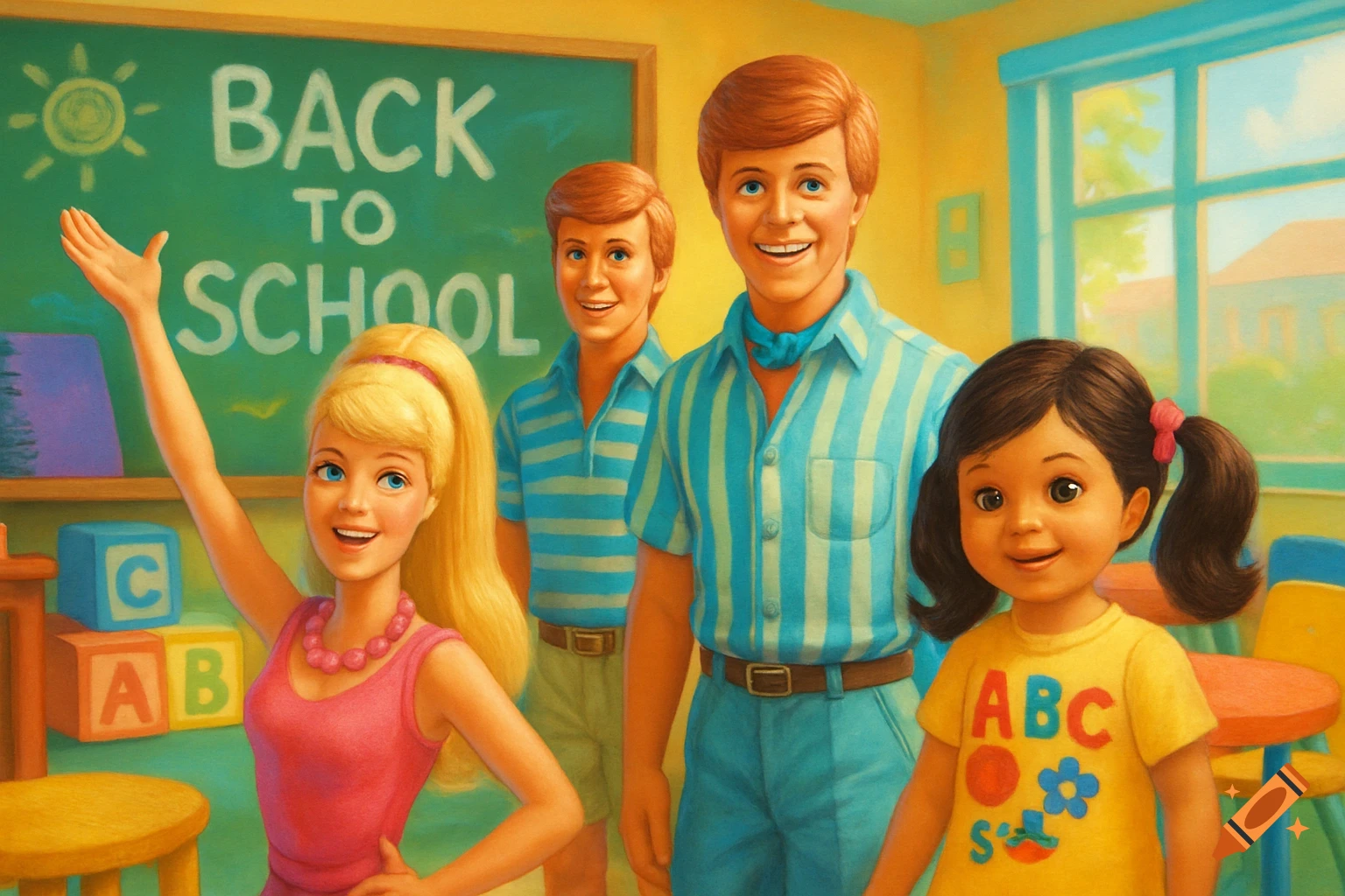 Barbie, Ken, and a child doll in a colorful classroom. Barbie has her hand raised, Ken smiles, and the child doll wears an ABC shirt.