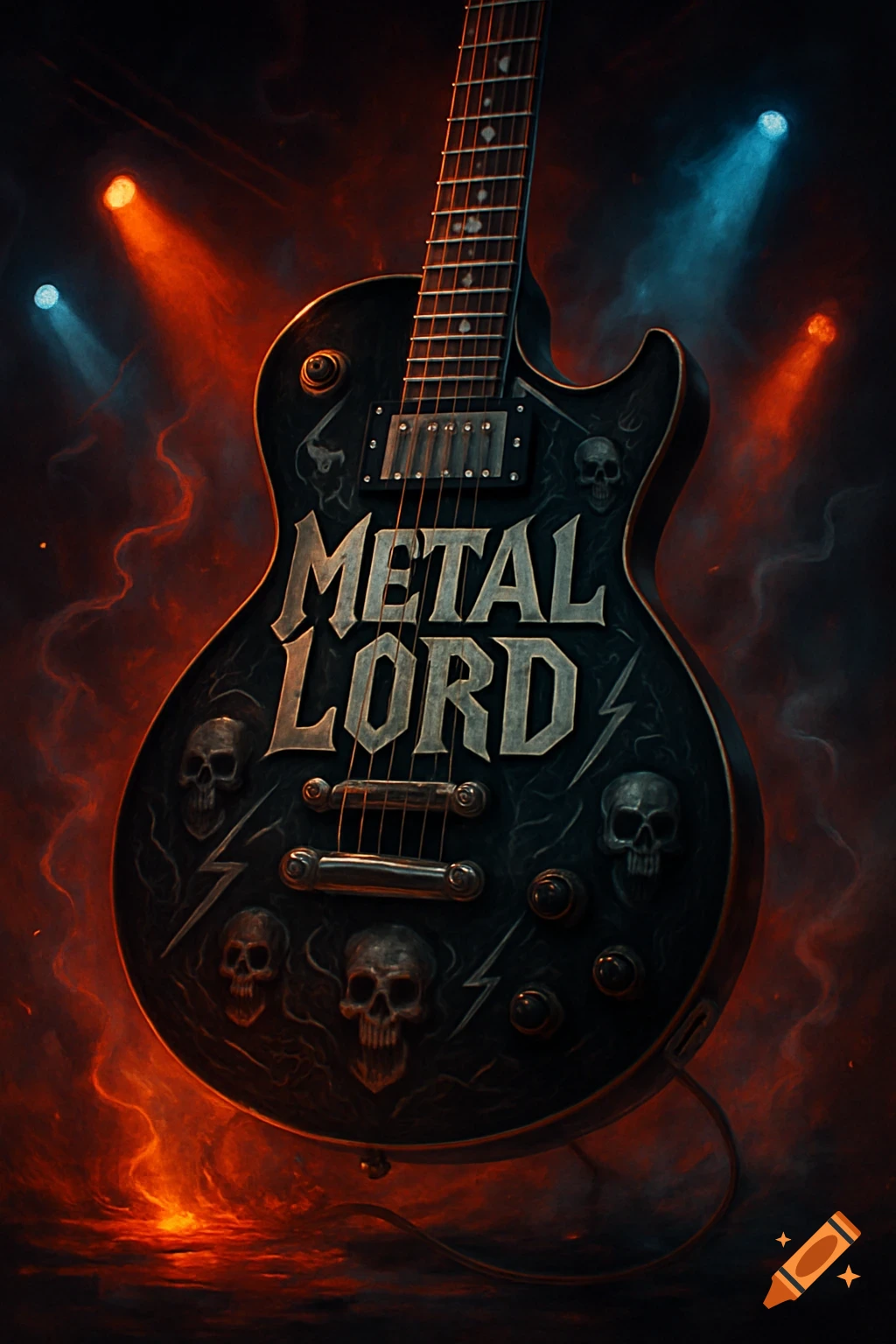 A black electric guitar with 'METAL LORD' and skull engravings, lit by red and blue stage lights against a smoky, fiery background.