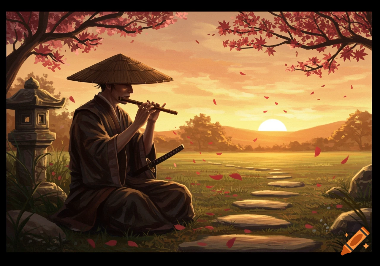 A man in a straw hat plays a bamboo flute under a cherry blossom tree at sunset, with petals falling on a grassy path.