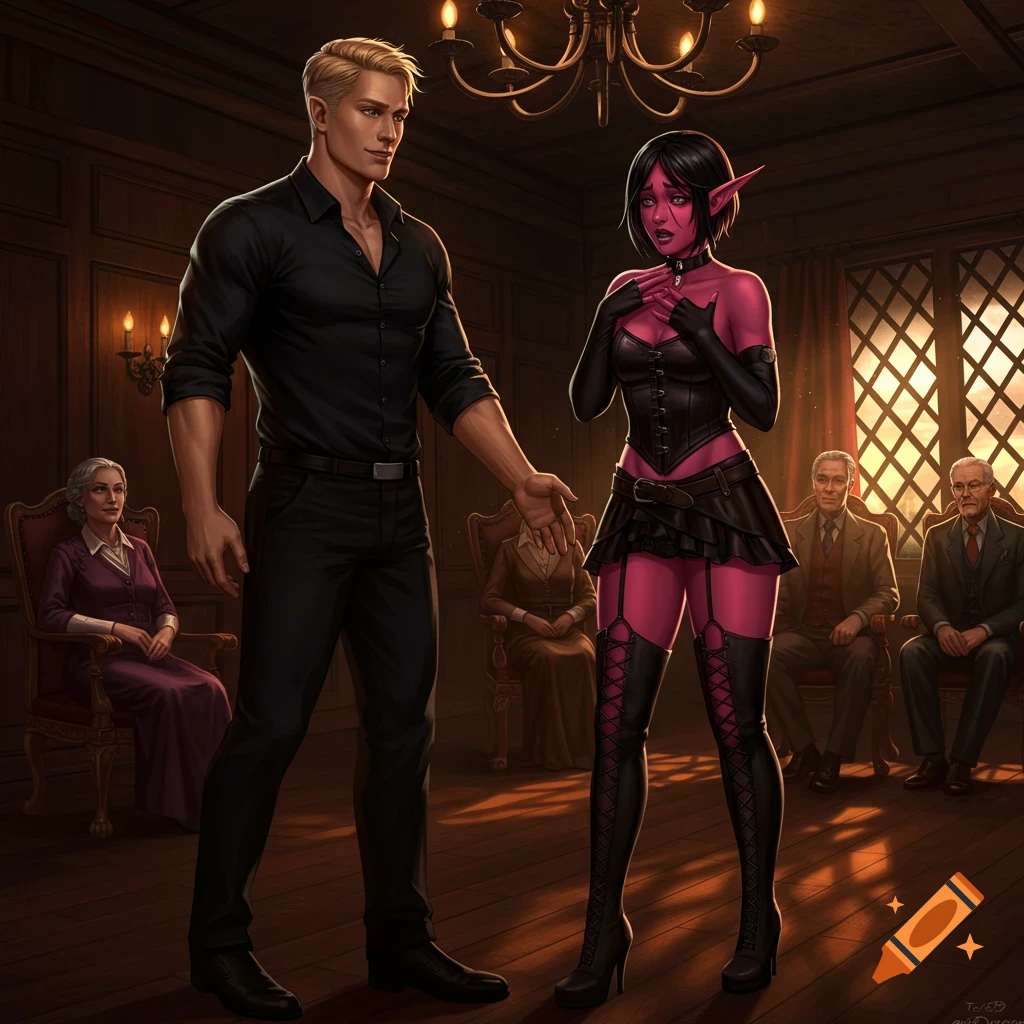 A blonde man introduces a nervous pink-skinned female elf in a black corset and mini skirt to four older people sitting in a dimly lit, richly decorated room.