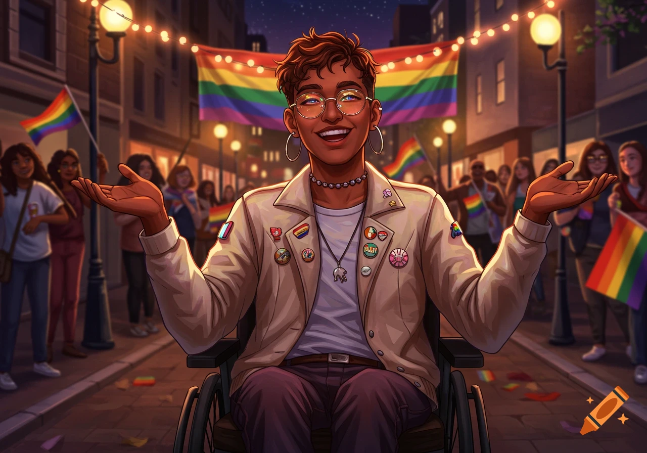 A smiling person in a wheelchair, wearing a jacket with pins, celebrates at a night parade with rainbow flags and string lights.