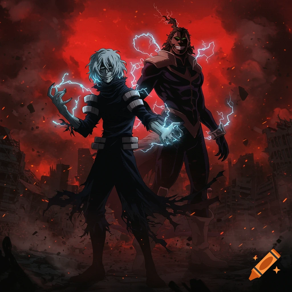 Shigaraki and All For One from My Hero Academia stand against a fiery red sky, surrounded by lightning and a ruined city.