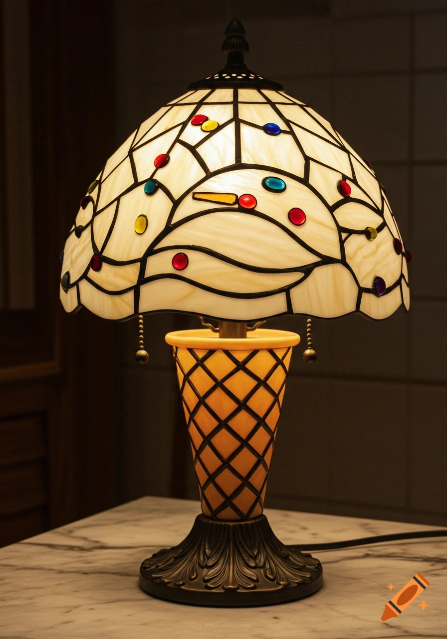 A vintage Tiffany-style table lamp shaped like an ice cream cone with colorful sprinkles, sitting on a marble table.