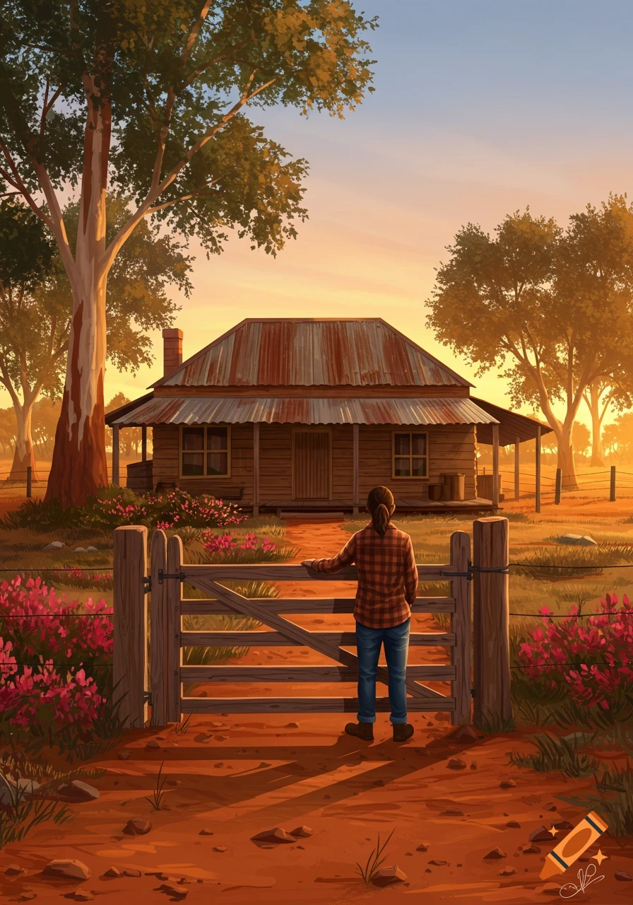 An illustration of a person standing at a wooden gate, looking towards an old rural house with a corrugated iron roof at sunset, surrounded by trees and pink flowers.
