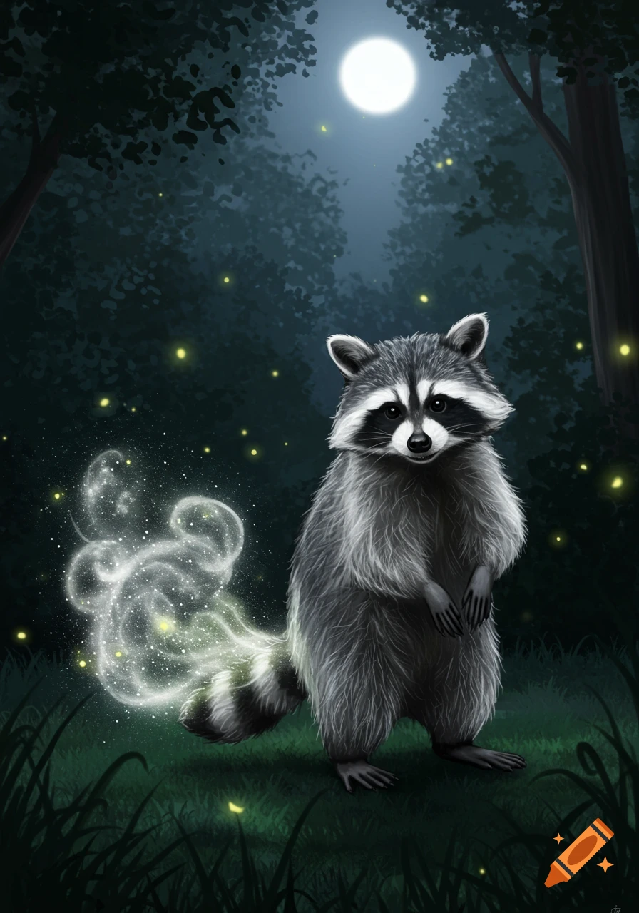 An illustration of a fluffy raccoon standing in a moonlit forest at night, with fireflies and a glowing, wispy trail behind its tail.