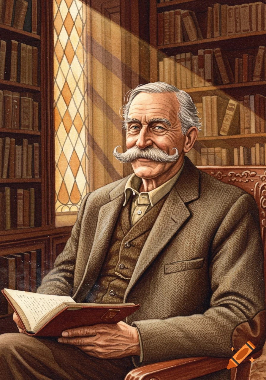 An old man with a large white mustache sits in a library chair reading a book. Sunlight streams through a diamond-paned window behind him, illuminating the bookshelves.