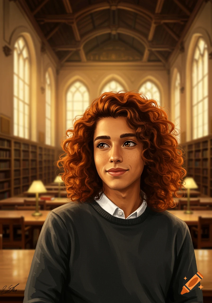 Digital painting of a young person with curly red hair and freckles, smiling slightly in a library.
