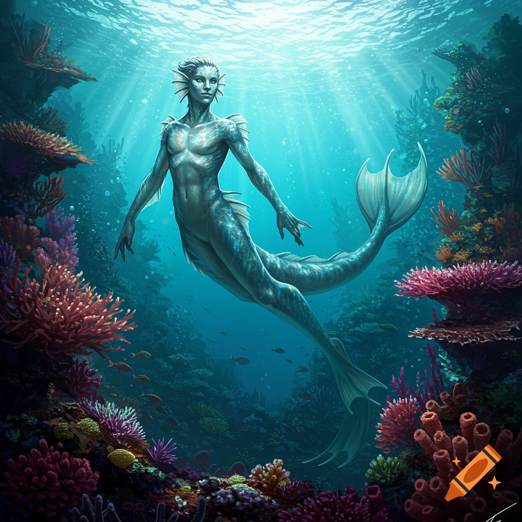 A humanoid merfolk creature with a fish tail, gills, and bioluminescent patterns swims through a vibrant coral reef.