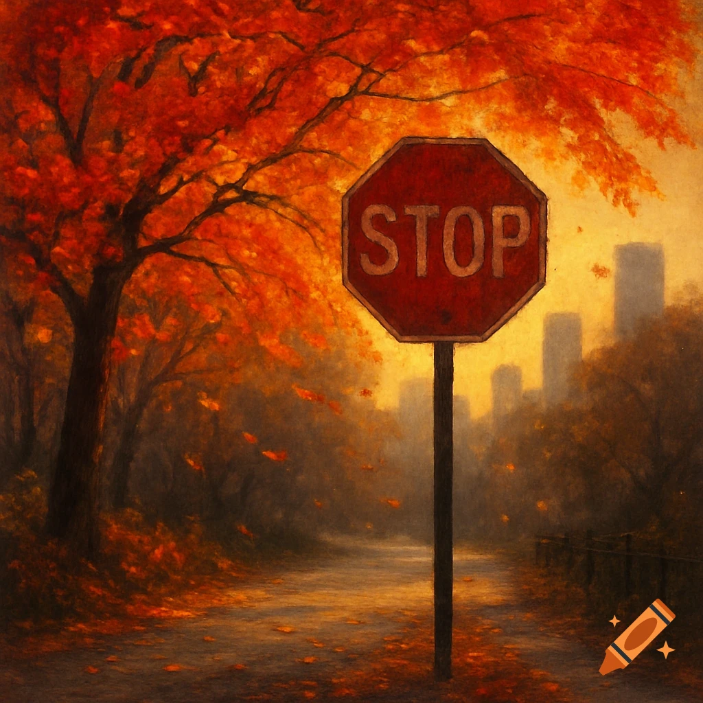 A vibrant, painterly autumn scene with a stop sign on a leafy path and a blurred city skyline in the background.