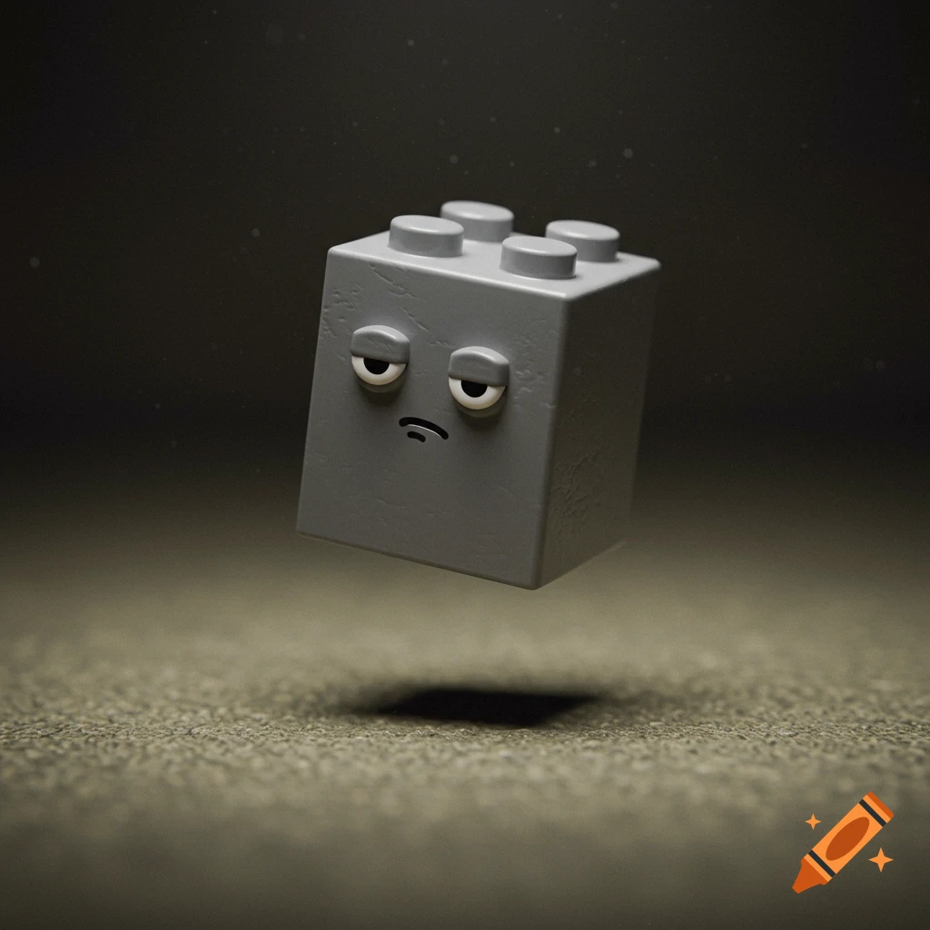 A gray Lego brick with droopy, sad eyes and a downturned mouth floats above a dark, textured surface, casting a shadow.