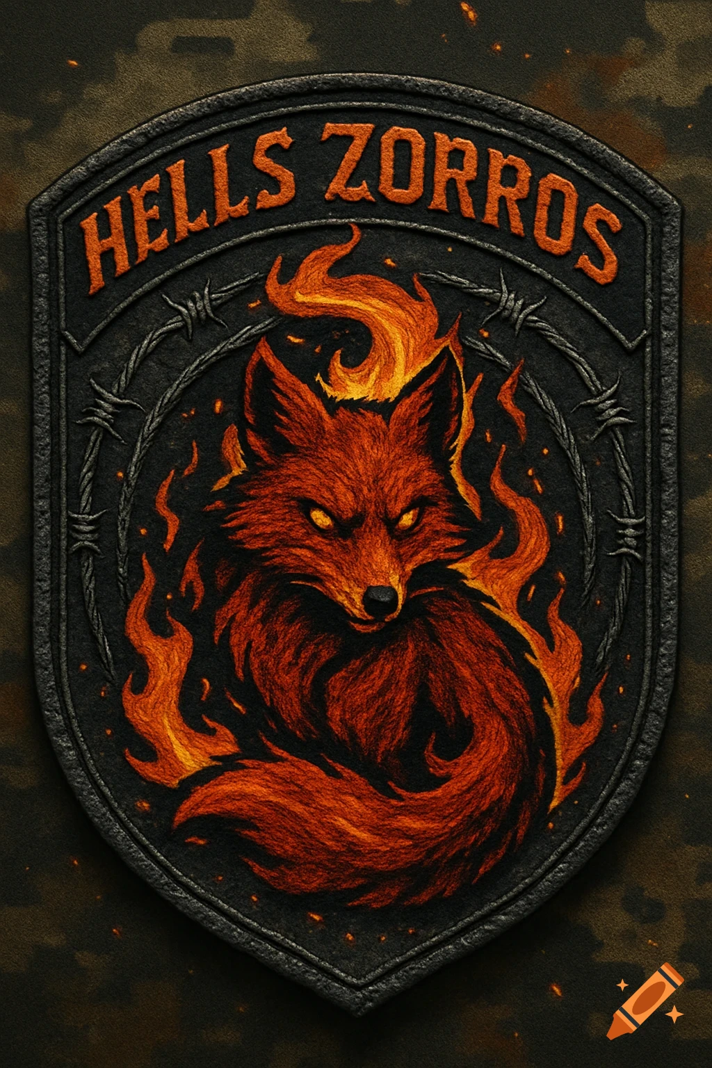 An embroidered patch featuring a fiery red fox with glowing eyes, surrounded by orange flames and barbed wire, with the words 'HELLS ZORROS' arched above.