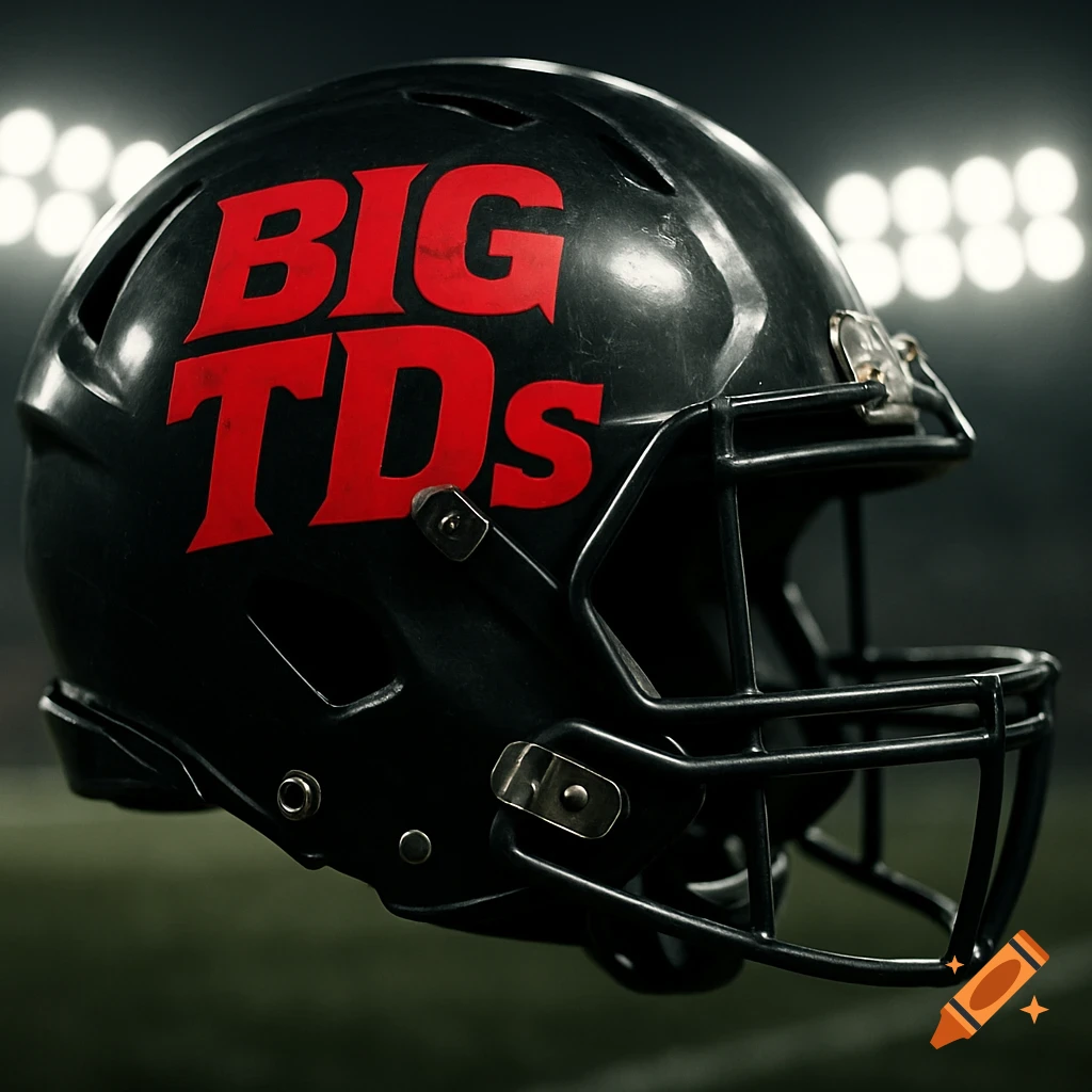 A black football helmet with 'BIG TDs' in red text, against a dark stadium background with bright lights.