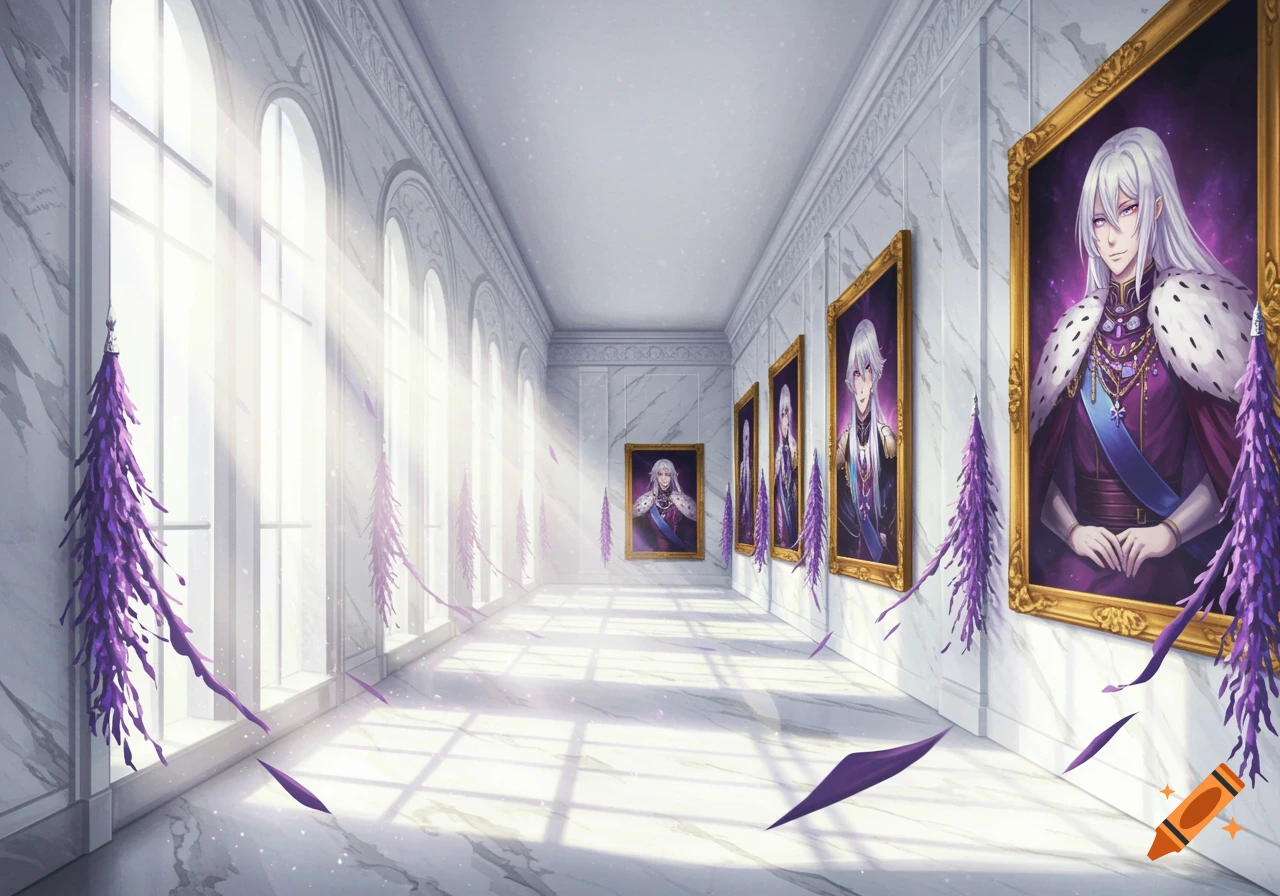 A grand white marble palace hallway with tall windows on the left and anime portraits of monarchs on the right, adorned with purple banners.