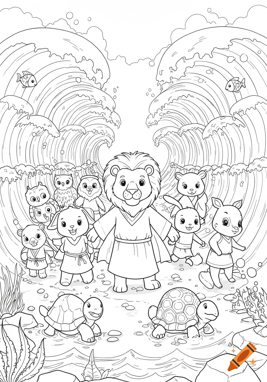 Line art coloring book page showing a lion leading cute animals through parted waves, reminiscent of the Red Sea.