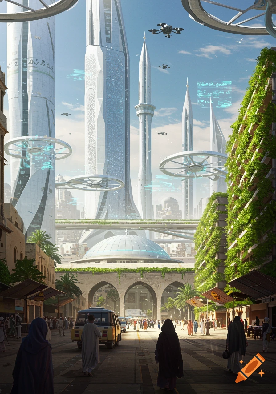 Photorealistic image of a futuristic city blending traditional architecture with modern skyscrapers, drones, and green-covered buildings.