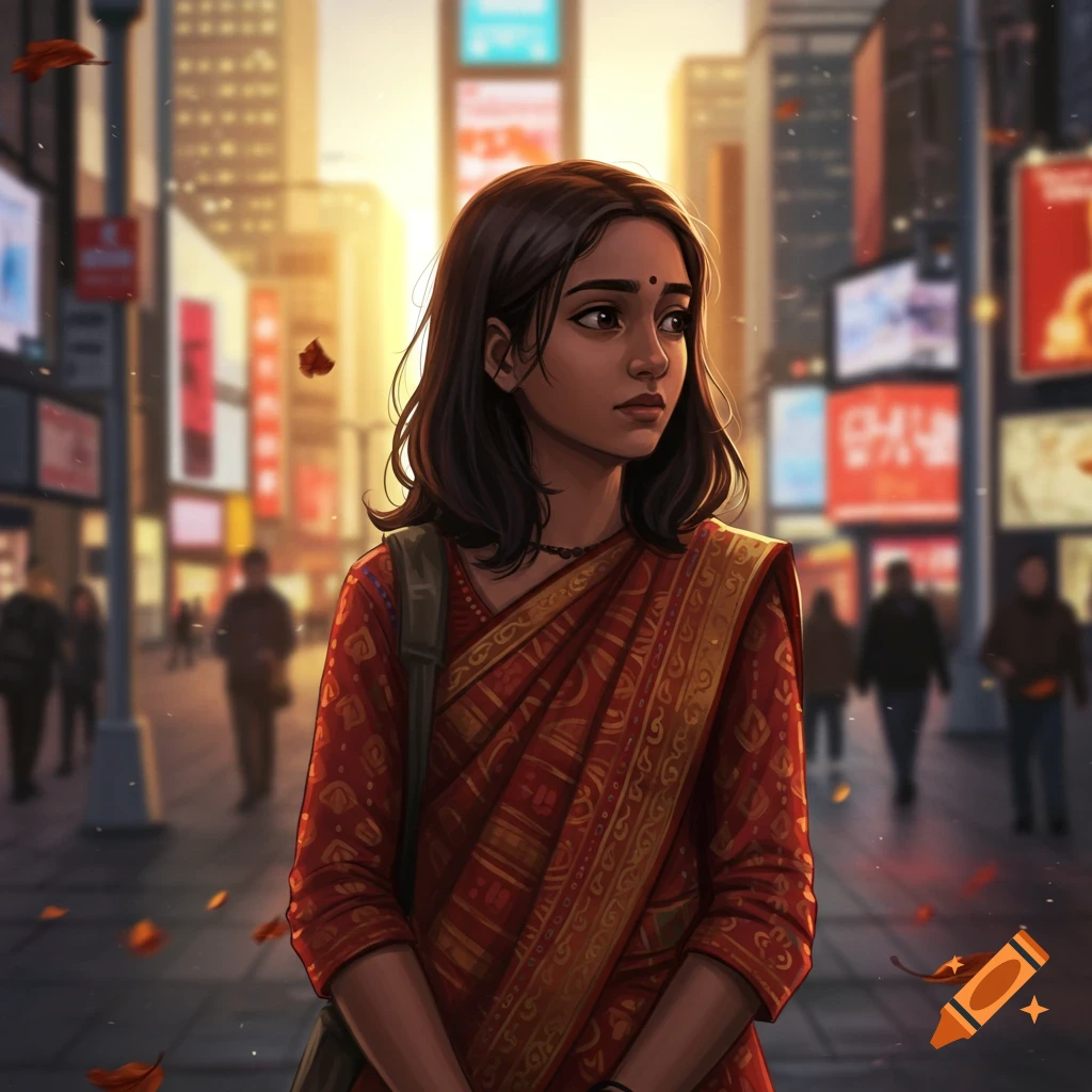 An illustrated portrait of a young Indian woman in a red sari standing on a busy city street with bright billboards.