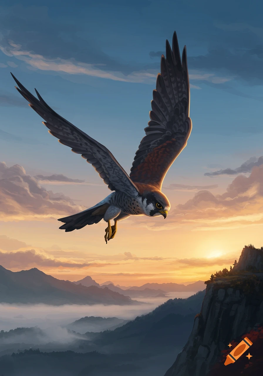 A falcon soars over a misty mountain range at sunset, rendered in a realistic painting style.