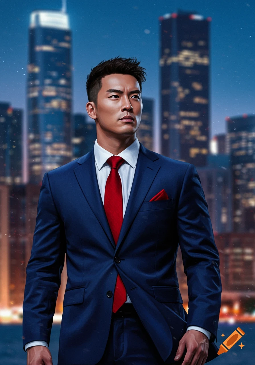 Photorealistic portrait of an Asian man in a blue suit with a red tie, standing against a blurred city skyline at dusk.
