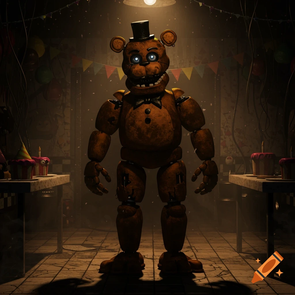 Photorealistic image of Freddy Fazbear standing in a dark, abandoned party room with tables, cakes, and party decorations.