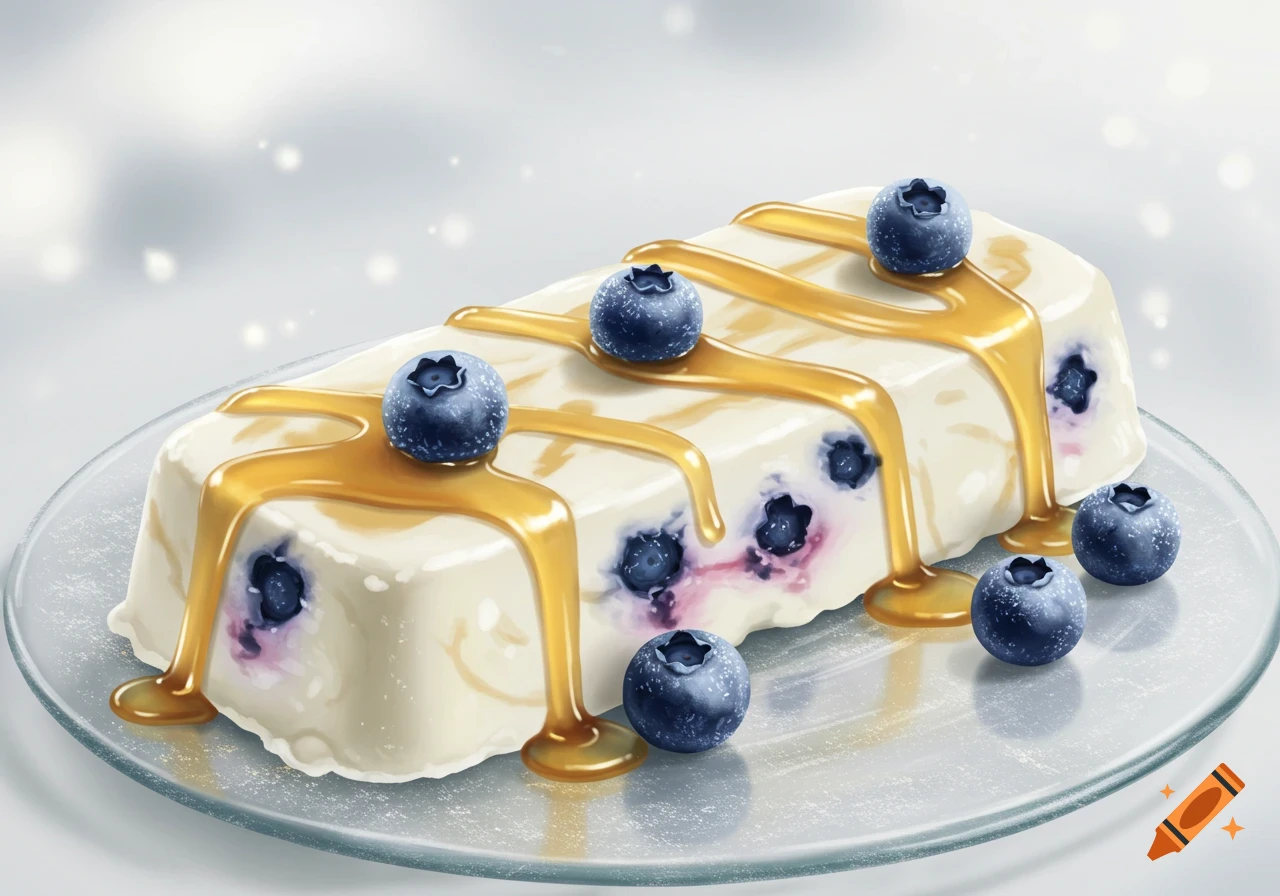 A creamy frozen bar topped with blueberries and honey drizzle on a clear plate, in an illustrative style.
