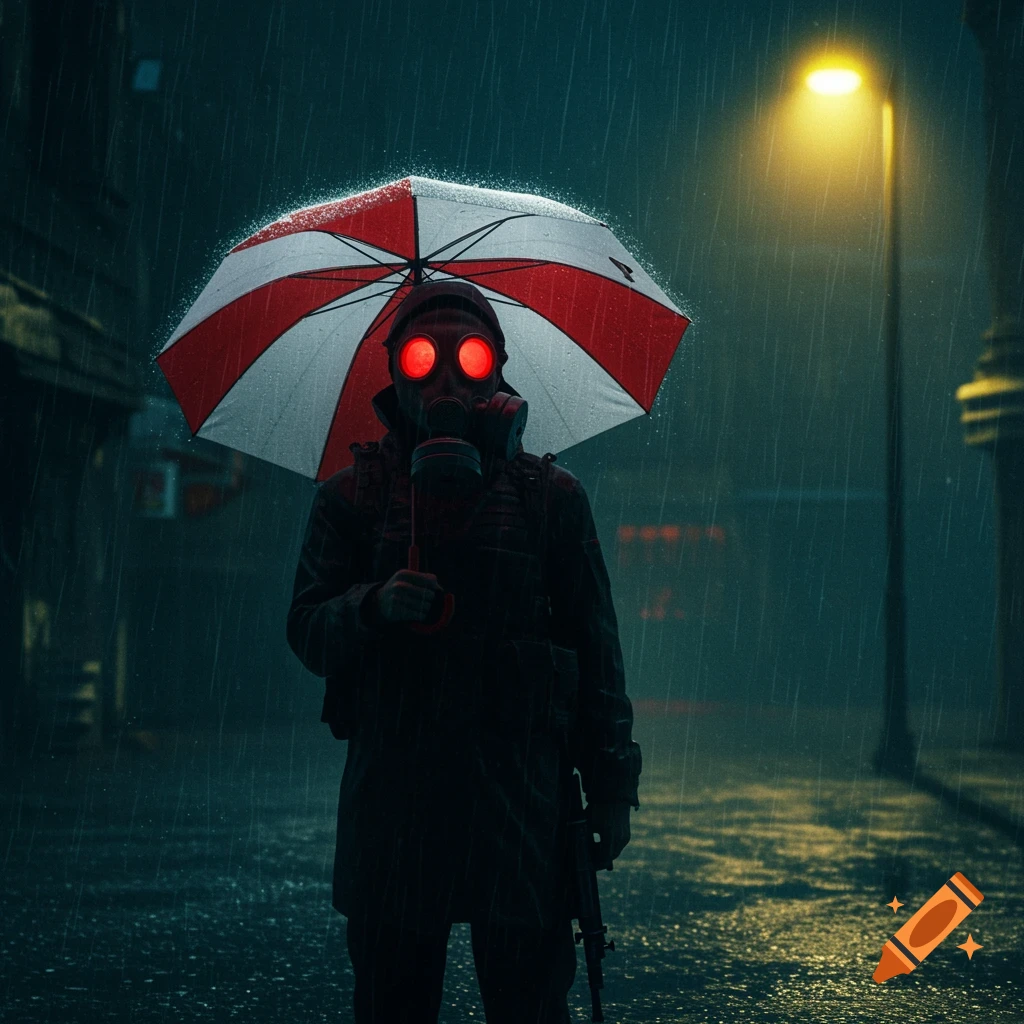 A person in a gas mask with glowing red eyes holds a red and white umbrella in a dark, rainy urban street with a glowing street lamp.