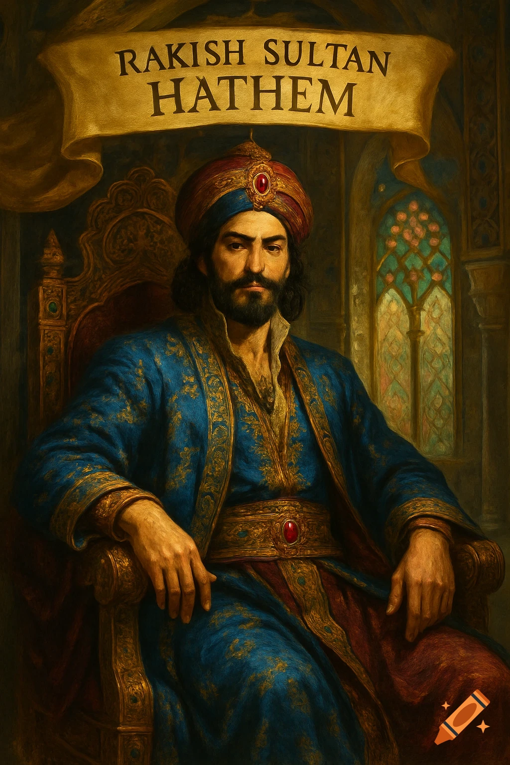 Oil painting of a bearded man in a blue and gold robe and red turban, seated on a throne under a banner reading 'RAKISH SULTAN HATHEM'.