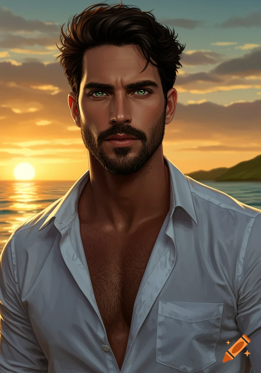 Digital art portrait of a dark-haired man with a beard and green eyes, wearing an open white shirt, against a golden sunset over the ocean.