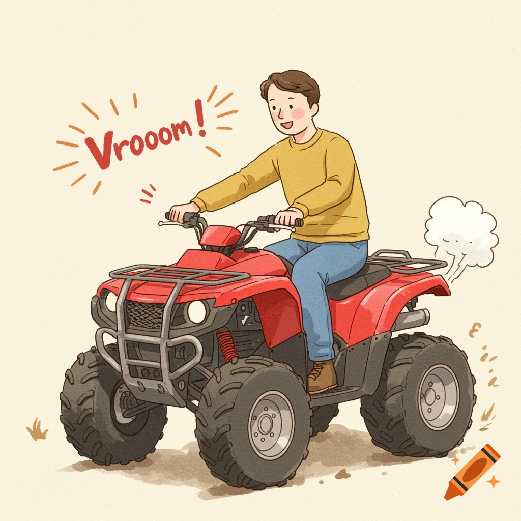 Children's watercolor illustration of a man on a red ATV with 'Vrooom!' text and smoke from the exhaust.
