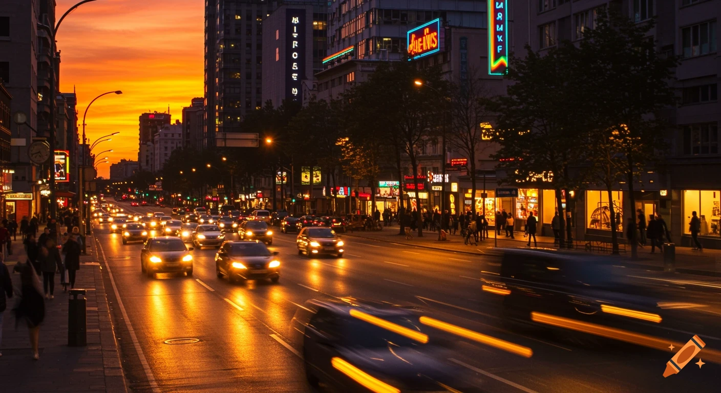 A long exposure shot of a busy city street at golden sunset, with cars rushing past and pedestrians blurring on the sidewalks, under glowing streetlights and flickering neon signs.