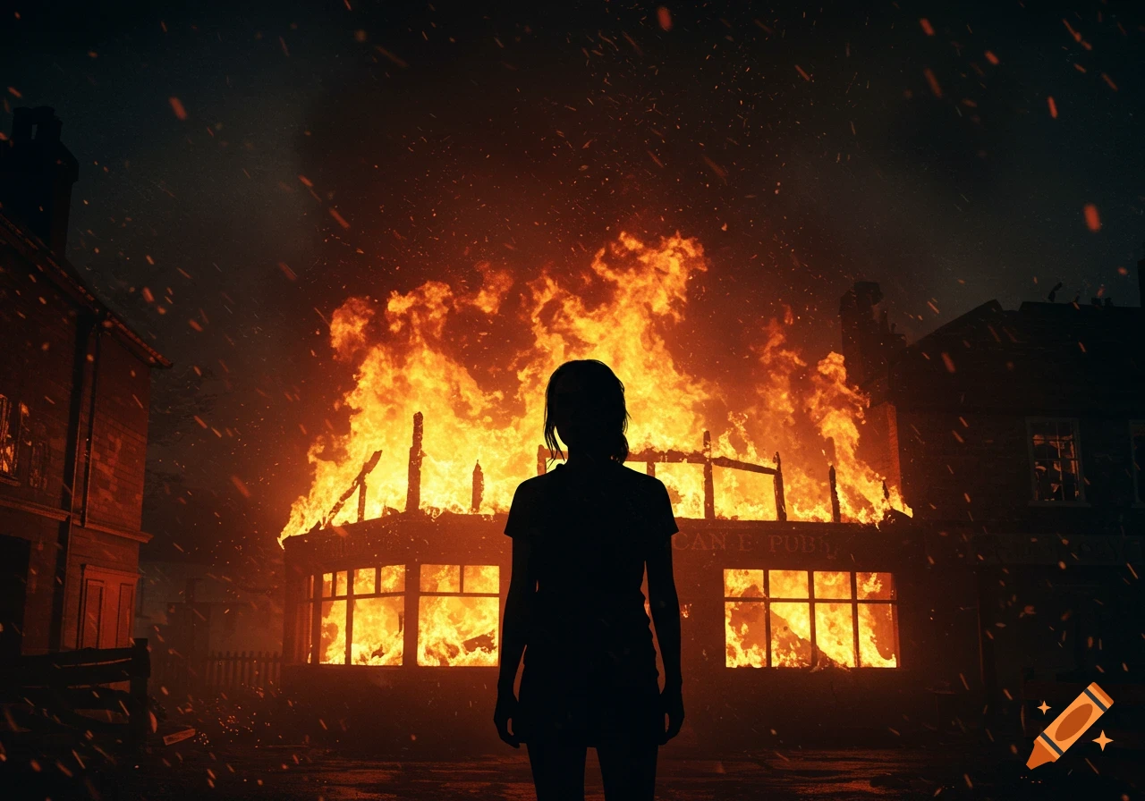 A silhouetted person stands in front of a large building engulfed in bright orange flames at night.