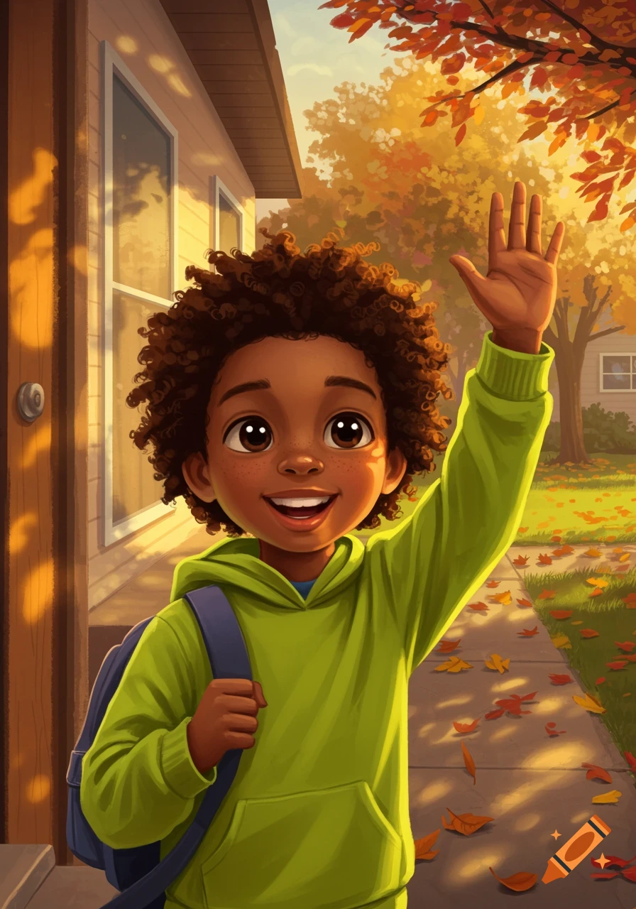 A cheerful African American boy with curly hair and a green hoodie waves while standing on a sidewalk in front of a house, surrounded by autumn leaves.