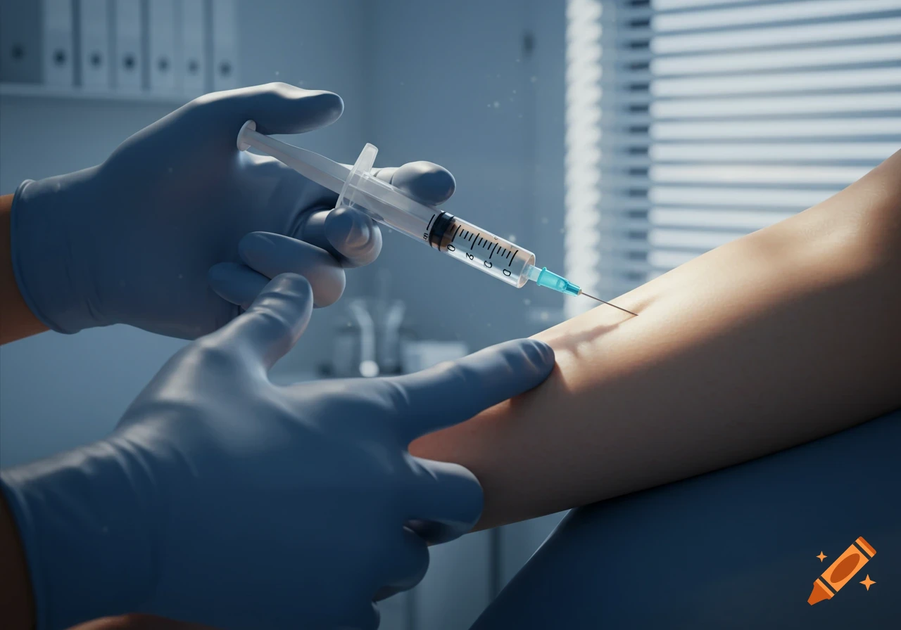 A gloved hand holds a syringe, administering an injection into a person's arm in a medical setting.