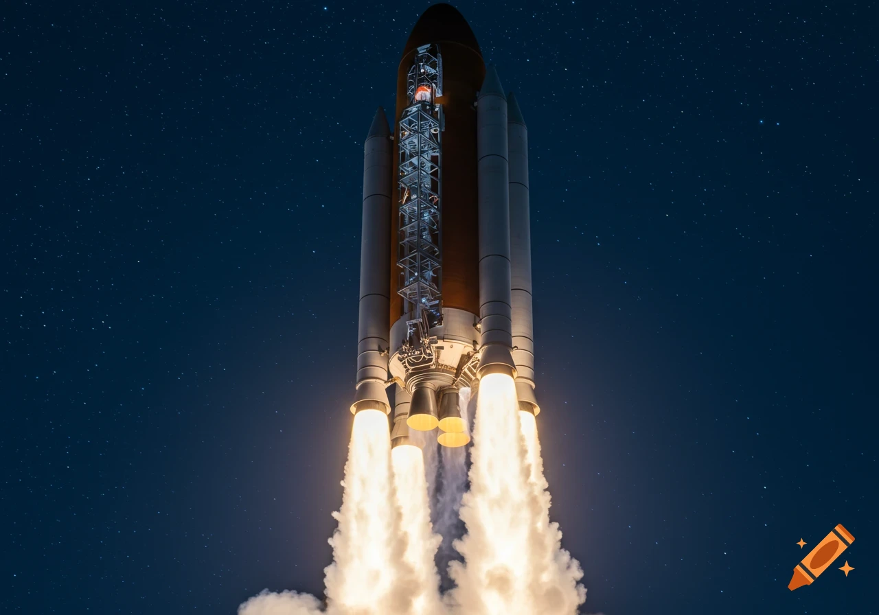 A photorealistic multi-stage rocket launches at night, showing internal structures and bright exhaust flames against a starry sky.