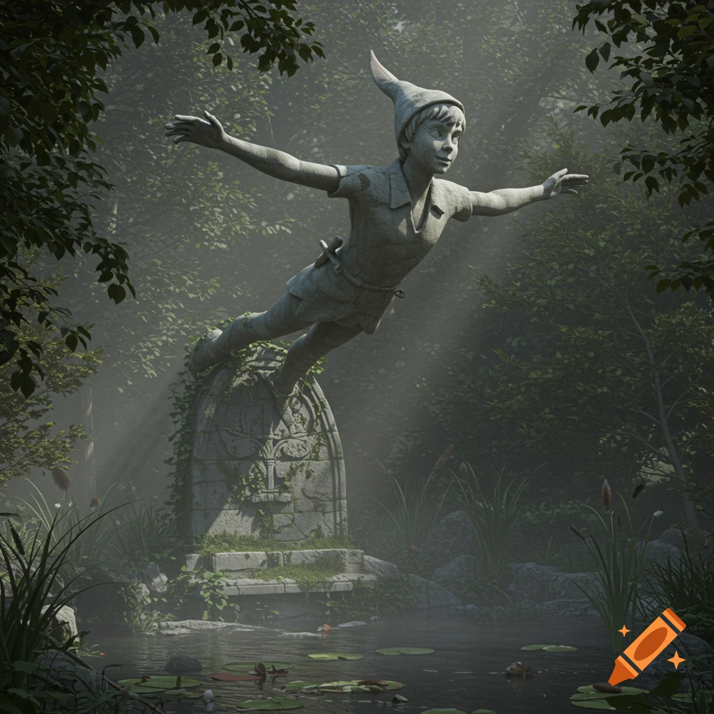 A detailed stone statue of Peter Pan in a flying pose, arms outstretched, over a misty pond in a sun-dappled forest.