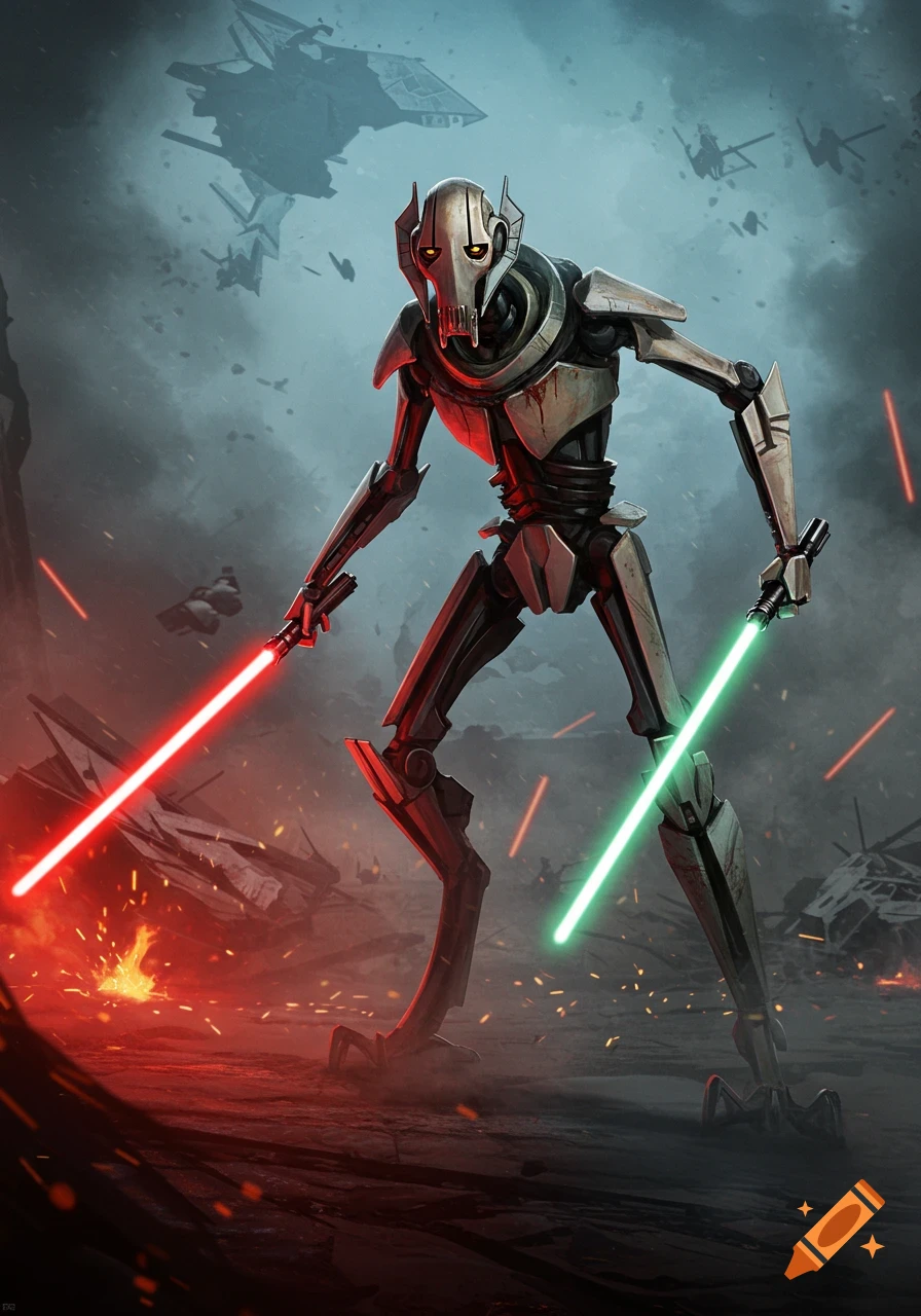 General Grievous stands amid a chaotic battlefield, wielding a red and a green lightsaber, with spaceships in the smoky background.