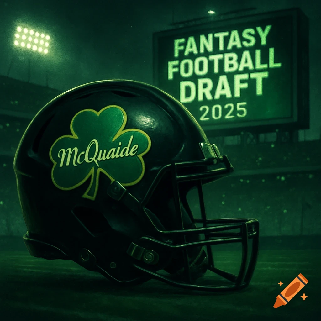 A black football helmet with a green shamrock logo and "McQuaide" on it, in front of a stadium scoreboard displaying "FANTASY FOOTBALL DRAFT 2025".