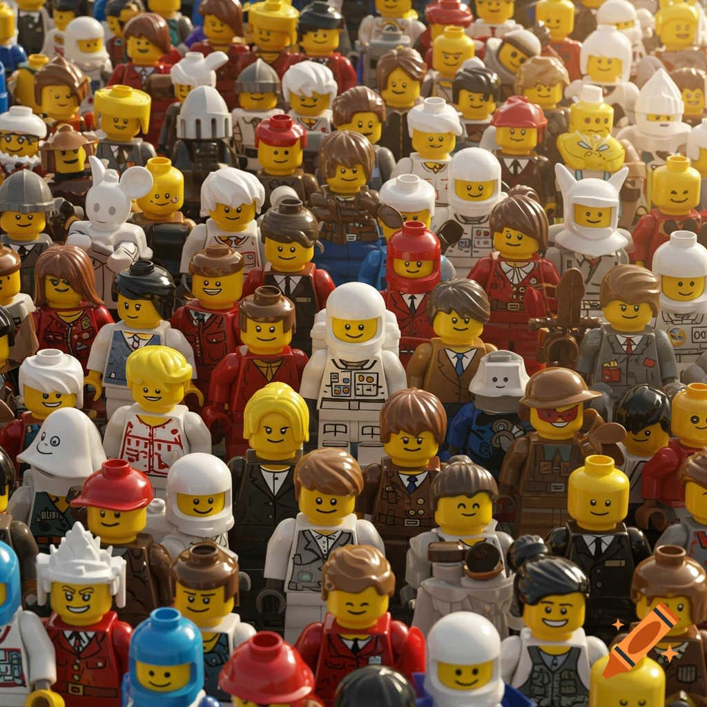A dense crowd of colorful Lego minifigures of various characters and outfits, filling the frame in a detailed close-up.