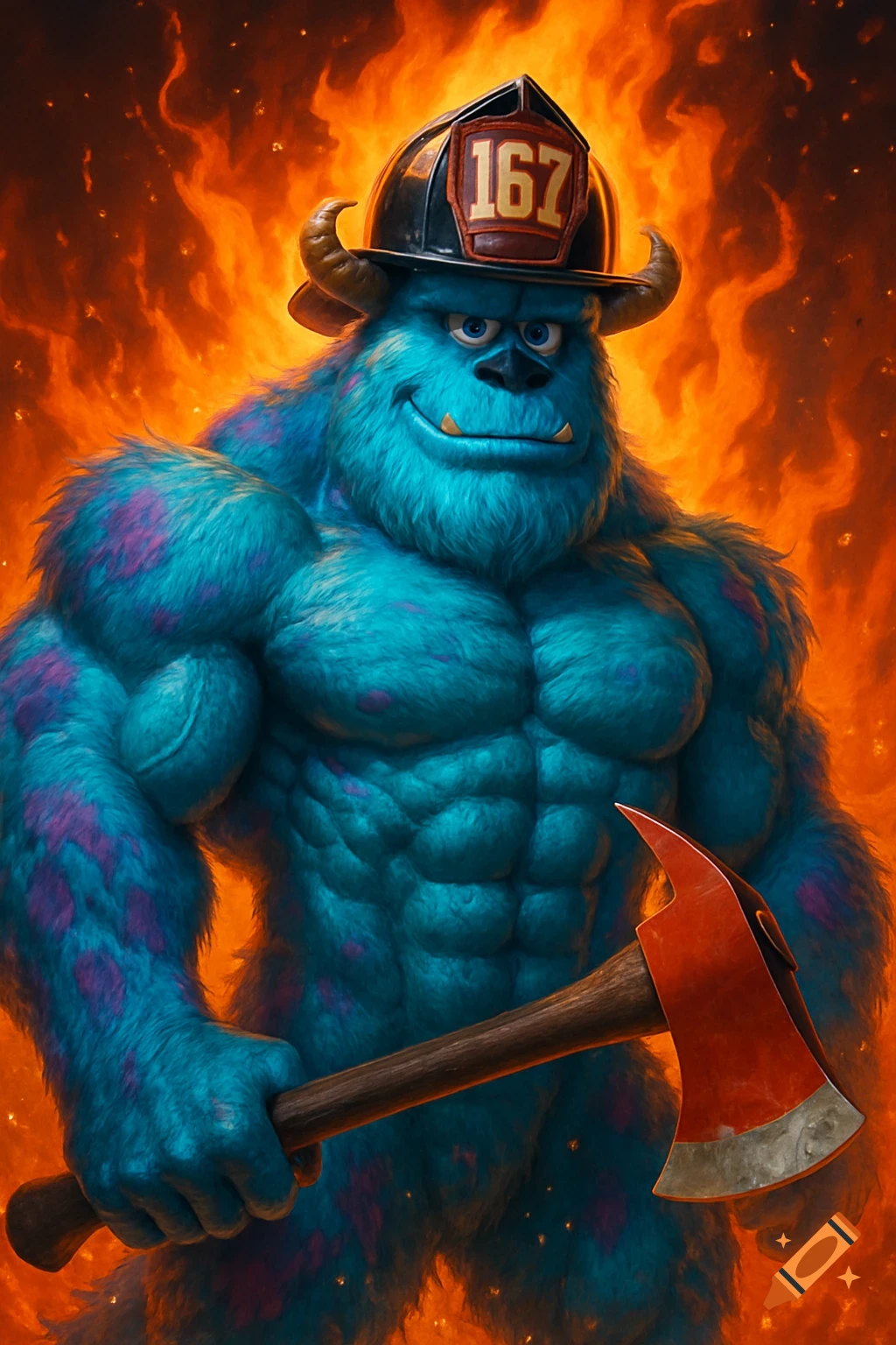 Muscular Sully from Monsters Inc. wearing a firefighter helmet with '167' and holding an axe, against a fiery background.