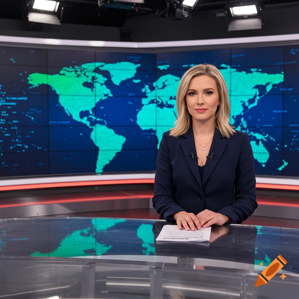A blond female news anchor sits at a desk with a document in front of a large screen displaying a world map.