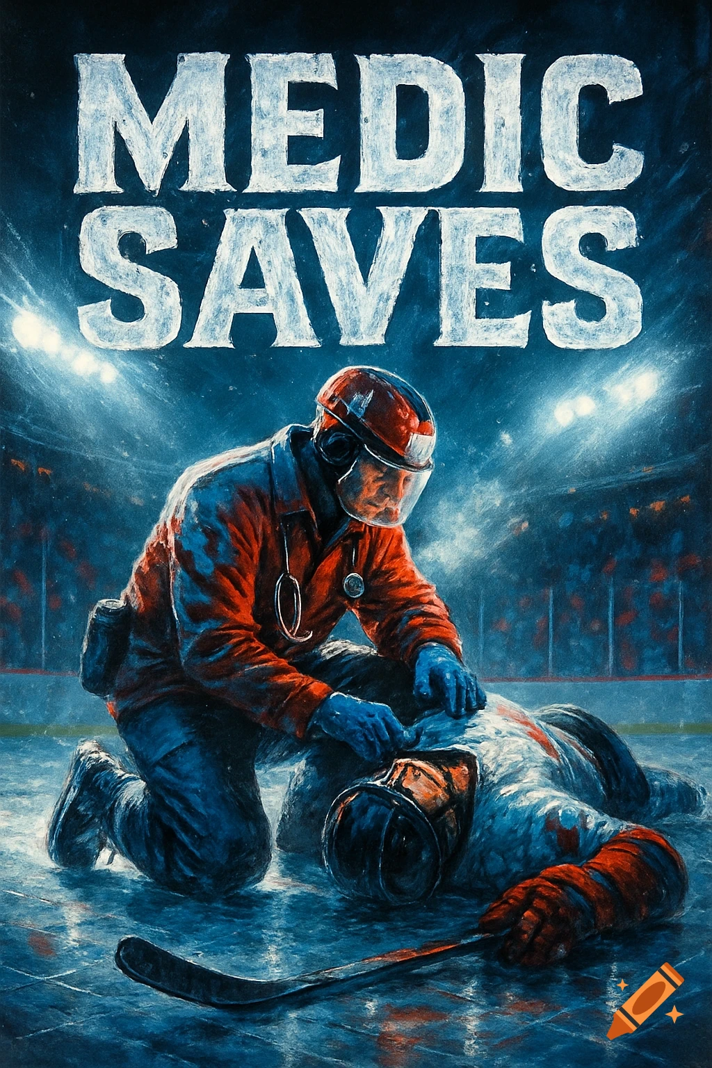 A dramatic, painterly poster shows a medic kneeling over an injured hockey player on an ice rink, with 'MEDIC SAVES' text above.