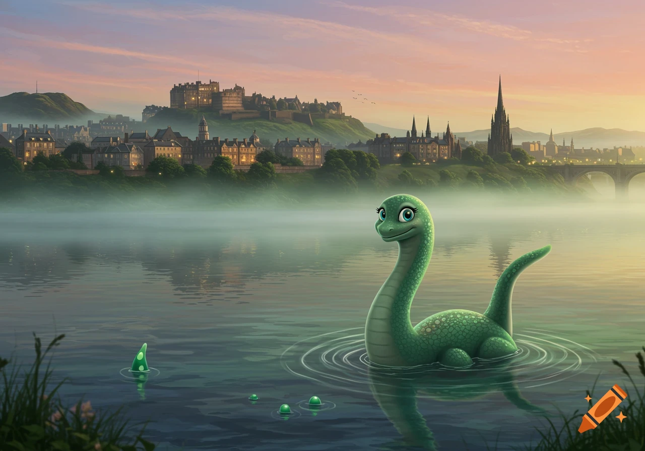 A cute green Loch Ness Monster surfaces in a misty lake with Edinburgh's skyline and castle in the background at sunrise.
