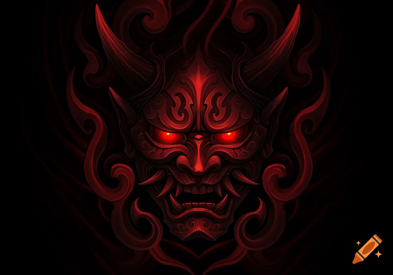 A menacing red Oni mask with glowing eyes, horns, and fangs, surrounded by dark red stylized swirls on a black background, digital art.